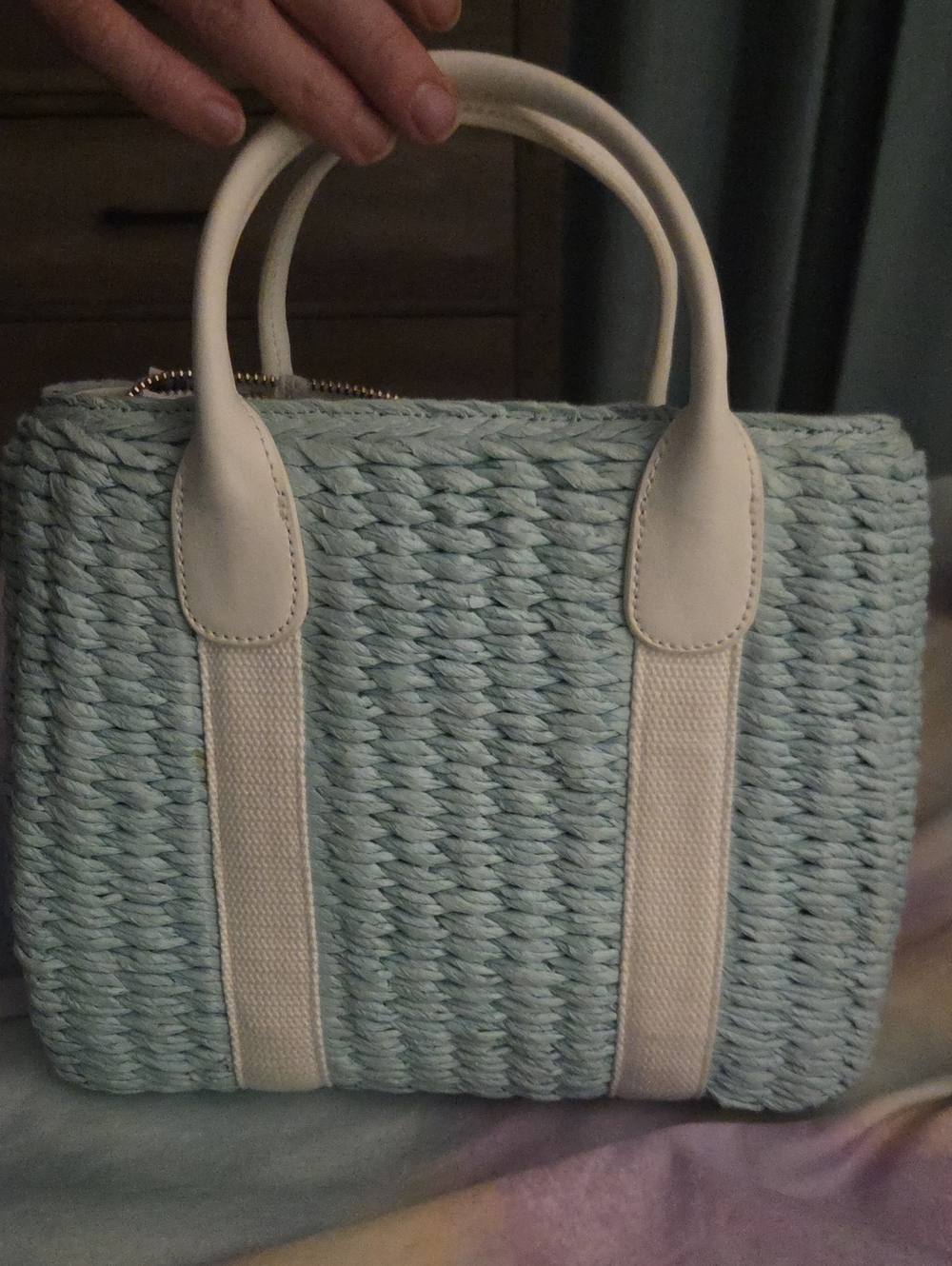 Talbots Light Blue Woven Tote with White Handles